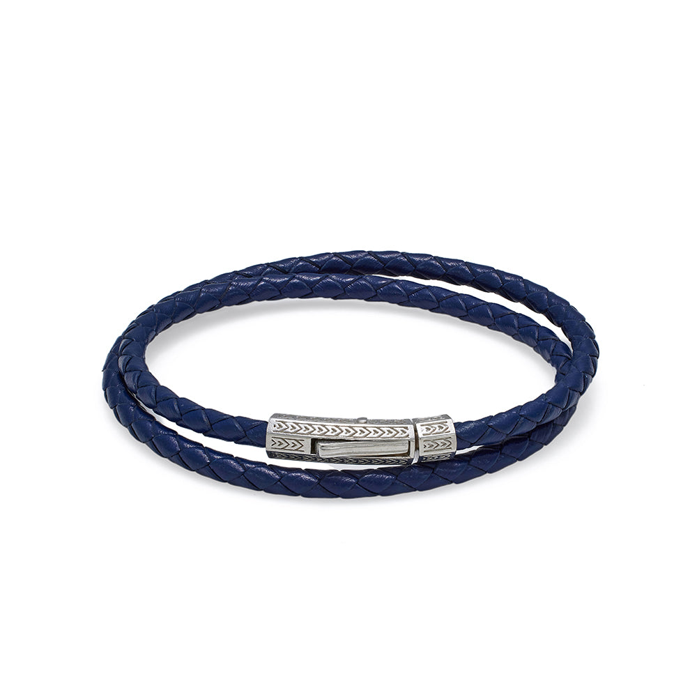 Navy Blue Double Leather Bracelet In Silver