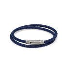 Navy Blue Double Leather Bracelet In Silver