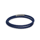 Navy Blue Double Leather Bracelet In Silver