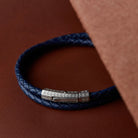 Navy Blue Double Leather Bracelet In Silver