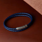 Navy Blue Double Leather Bracelet In Silver