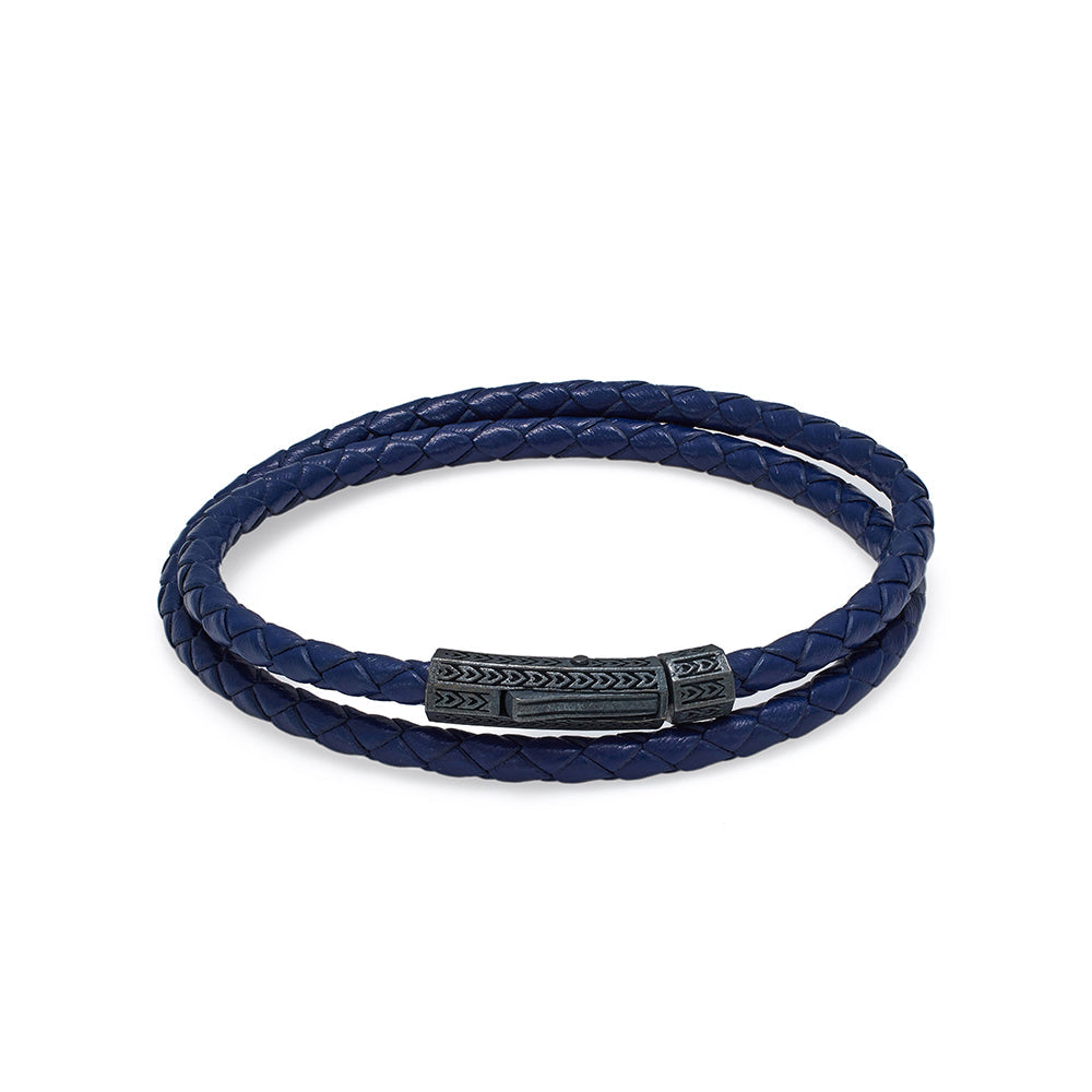 Navy Blue Double Leather Bracelet In Oxide
