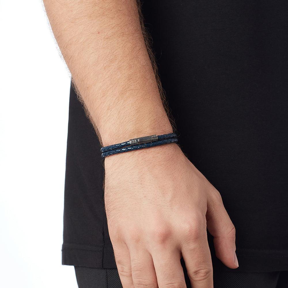 Navy Blue Double Leather Bracelet In Oxide