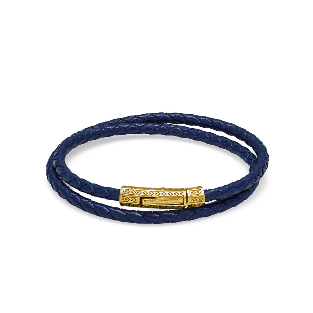 Navy Blue Double Leather Bracelet In Gold