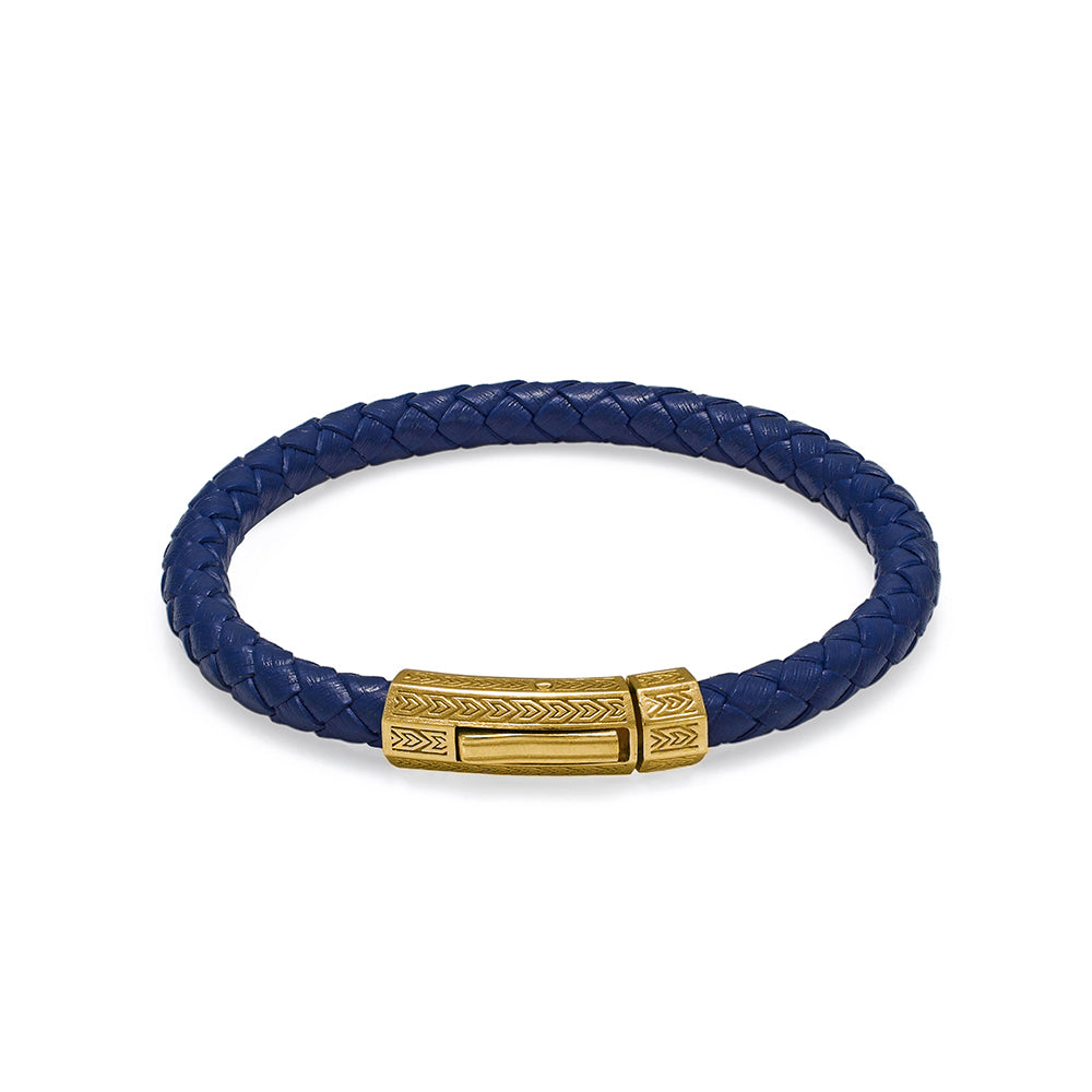 Navy Blue Thick Leather Bracelet In Gold