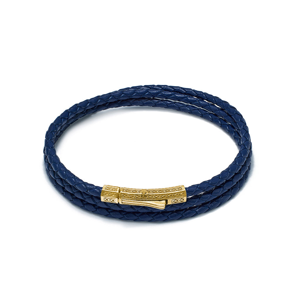 Navy Blue Triple Leather Bracelet In Gold