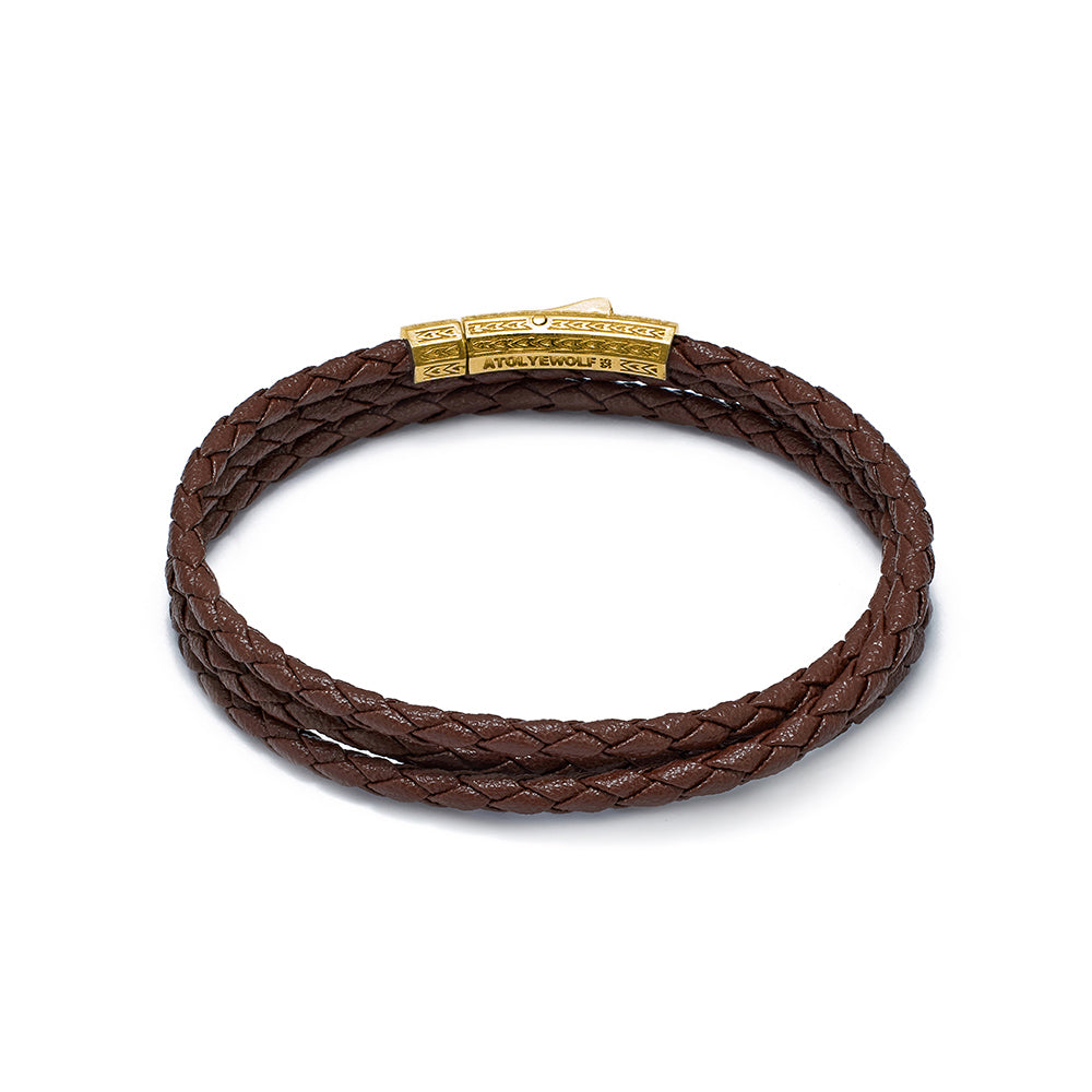 Brown Triple Leather Bracelet In Gold