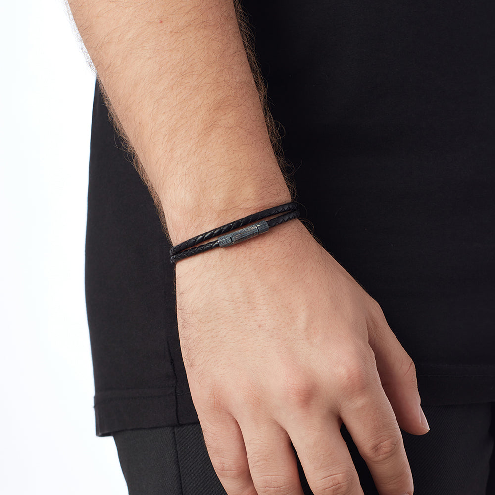 Black Double Leather Bracelet In Oxide
