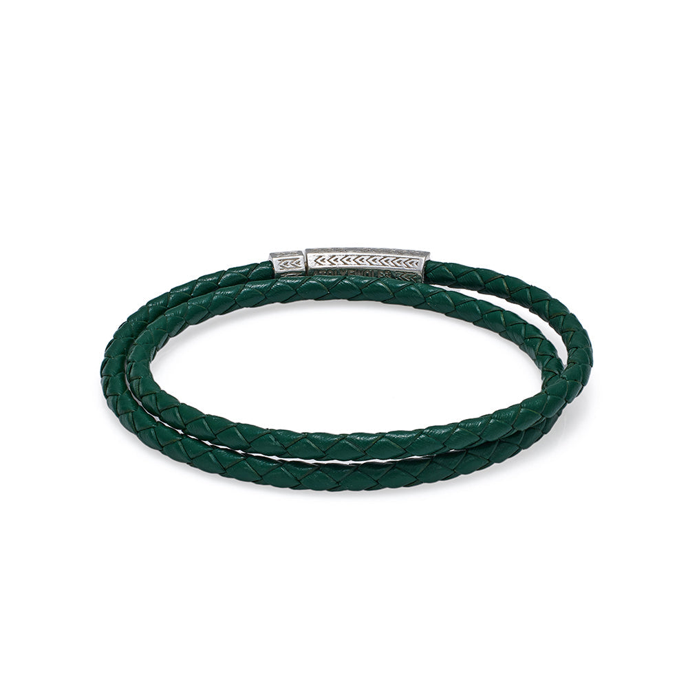 Green Double Leather Bracelet In Silver