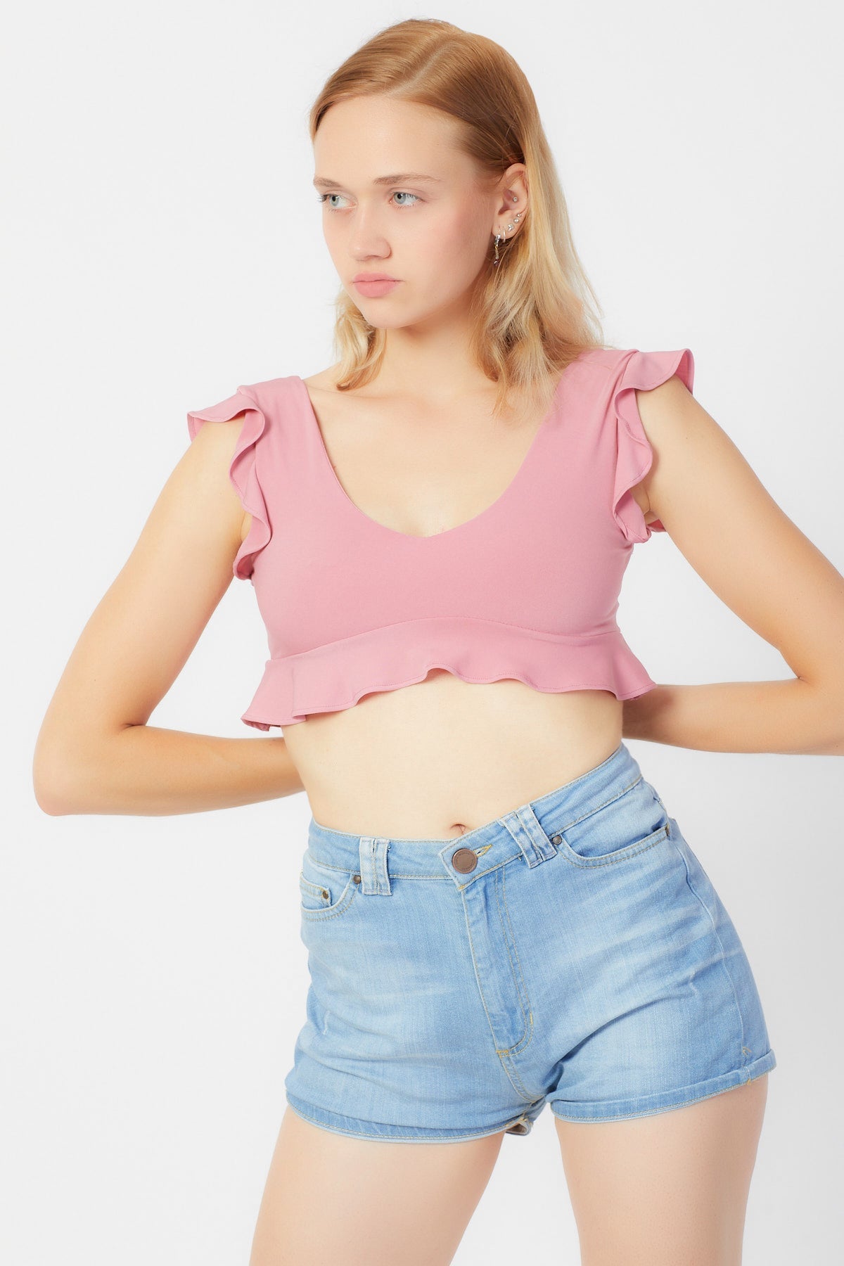 Volanlı Crop Top | Pembe
