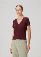Bordo V Yaka Pamuklu Ribana T-Shirt
