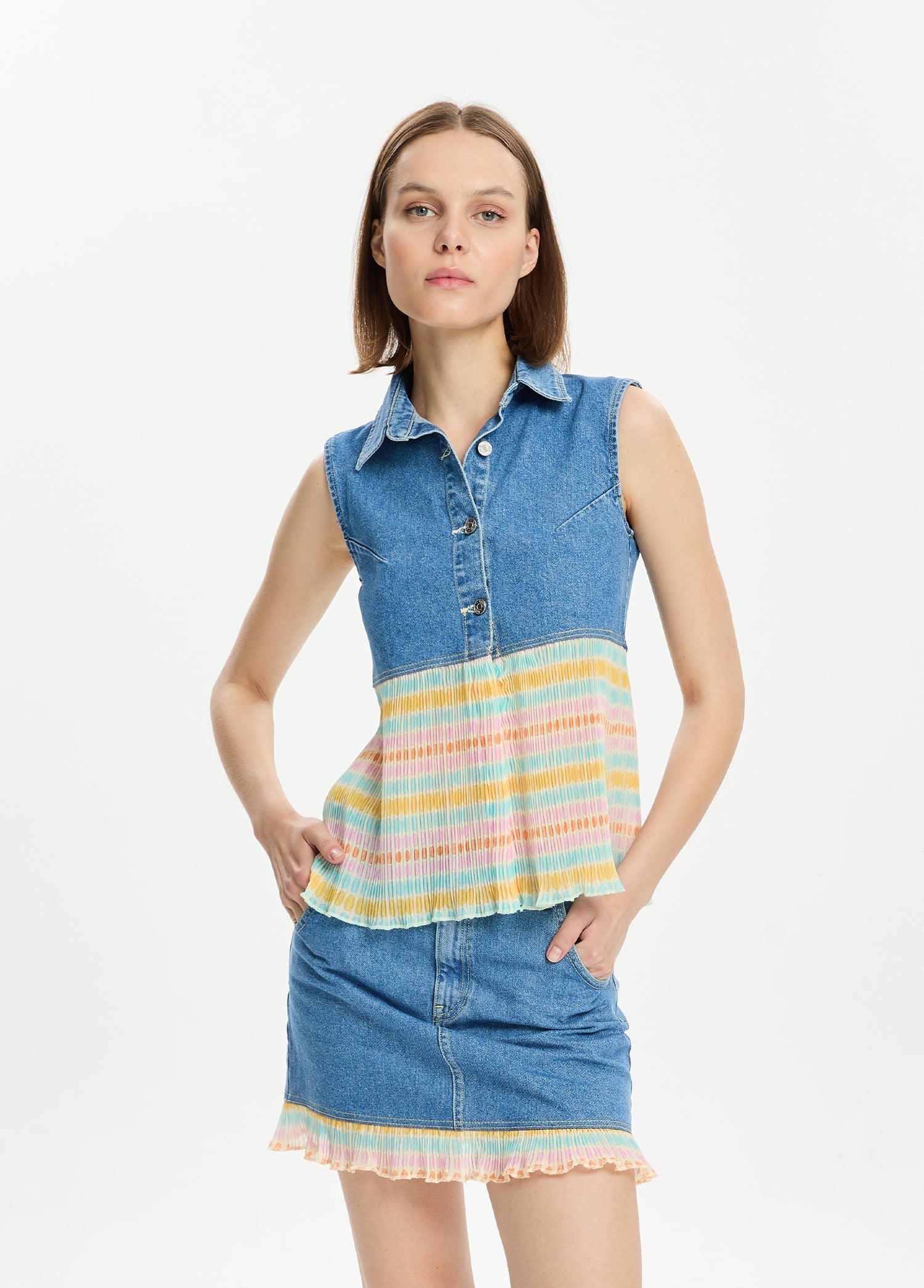 Desenli Pliseli Denim Yelek