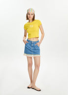 Desenli Pliseli Mini Denim Etek