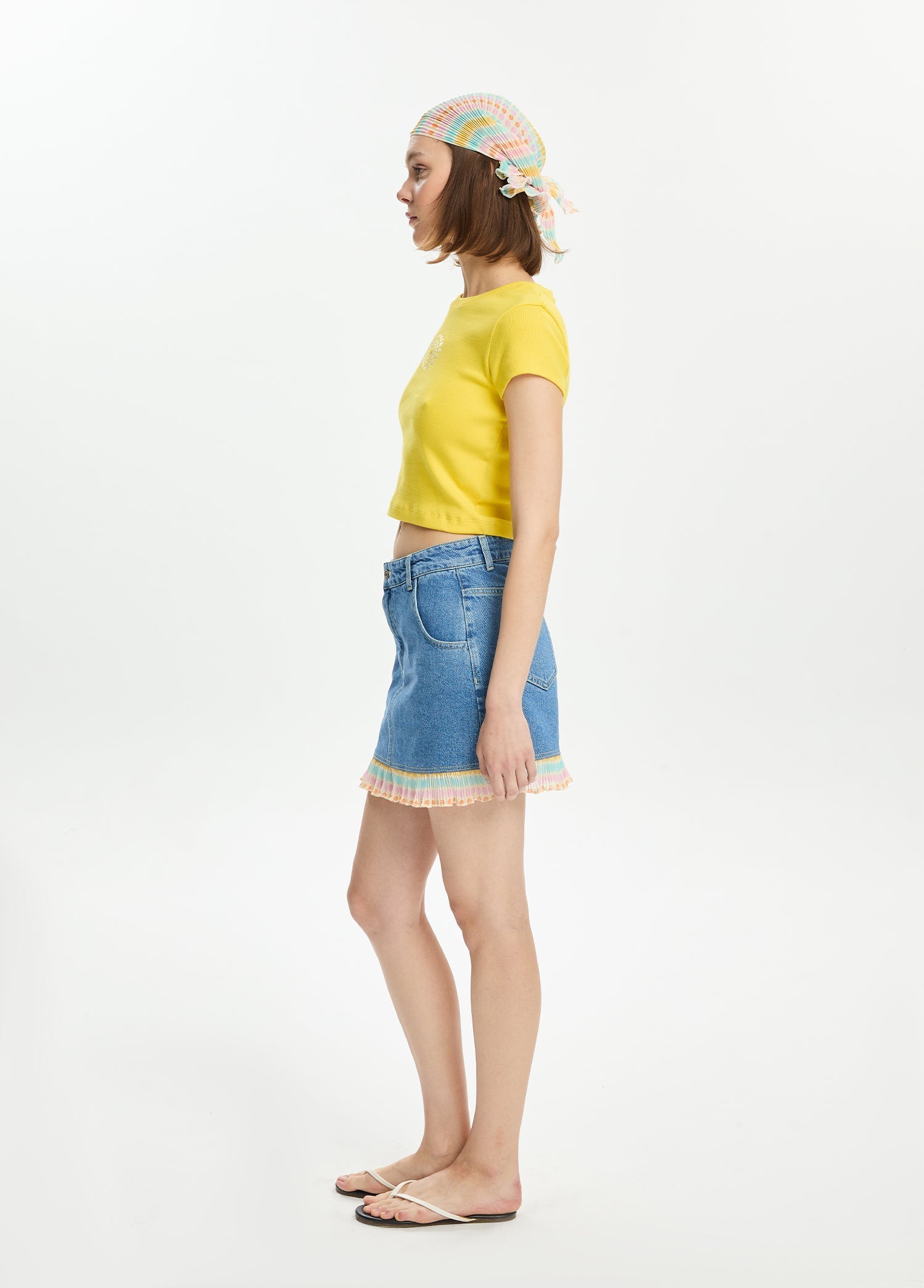 Desenli Pliseli Mini Denim Etek