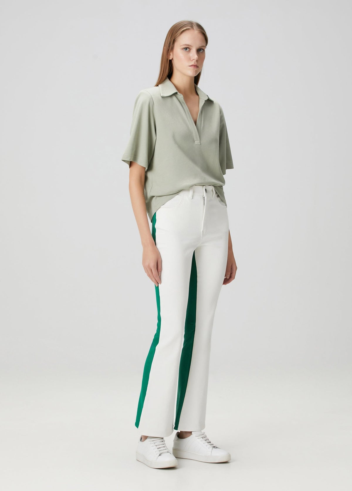 Flare Denim Pantolon - Beyaz/Yeşil