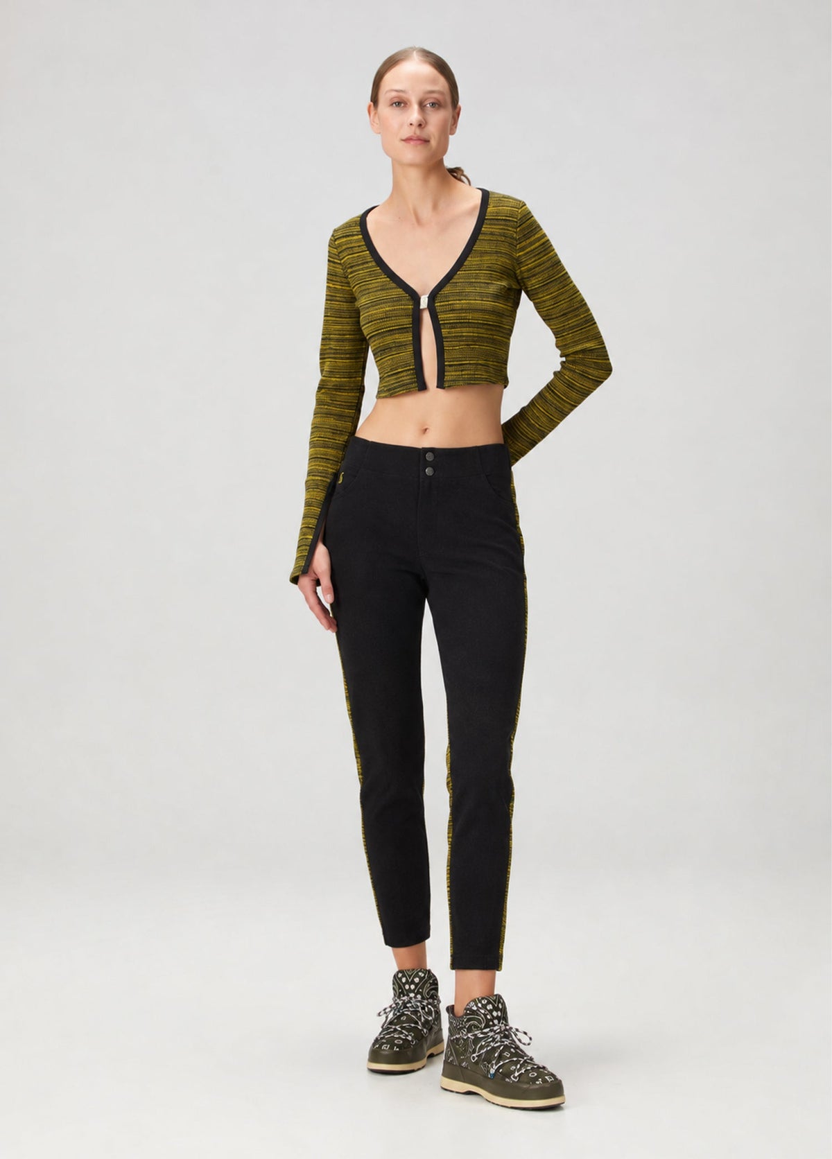 Knit Açık Crop Top - Sarı/Siyah