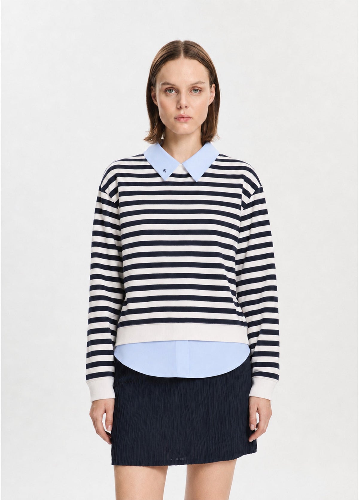 Lacivert Çizgili Gömlek Katmanlı Sweatshirt