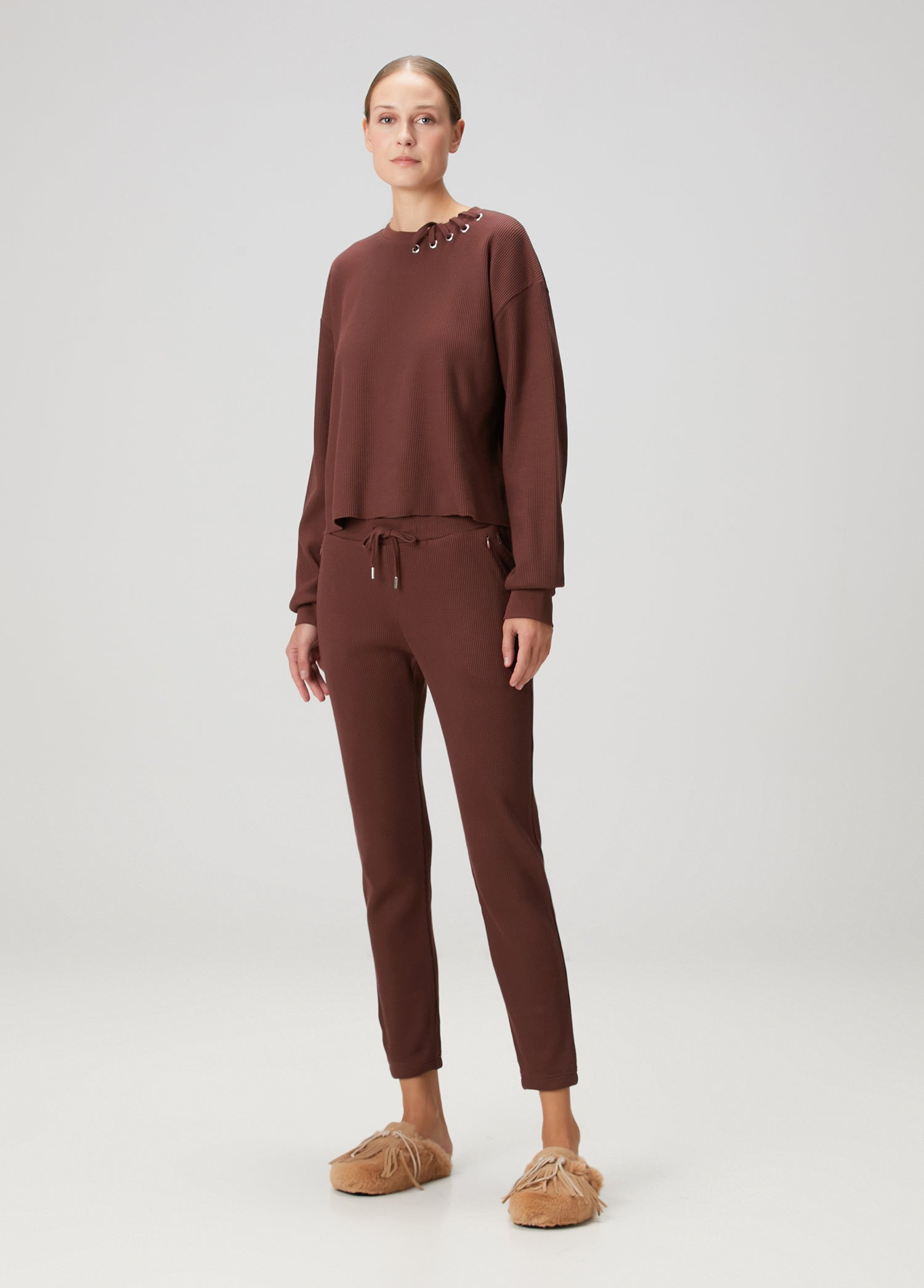 Waffle Bisiklet Yaka Sweatshirt - Kahverengi