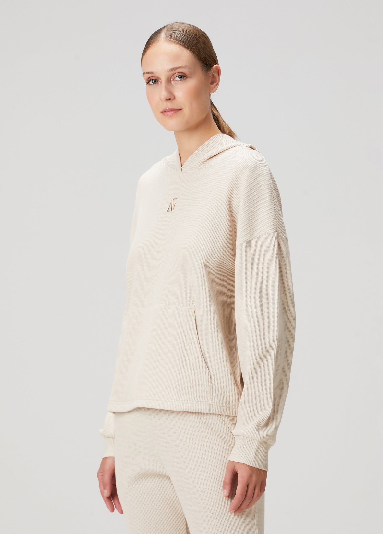 Waffle Oversize Kapüşonlu Sweatshirt - Bej