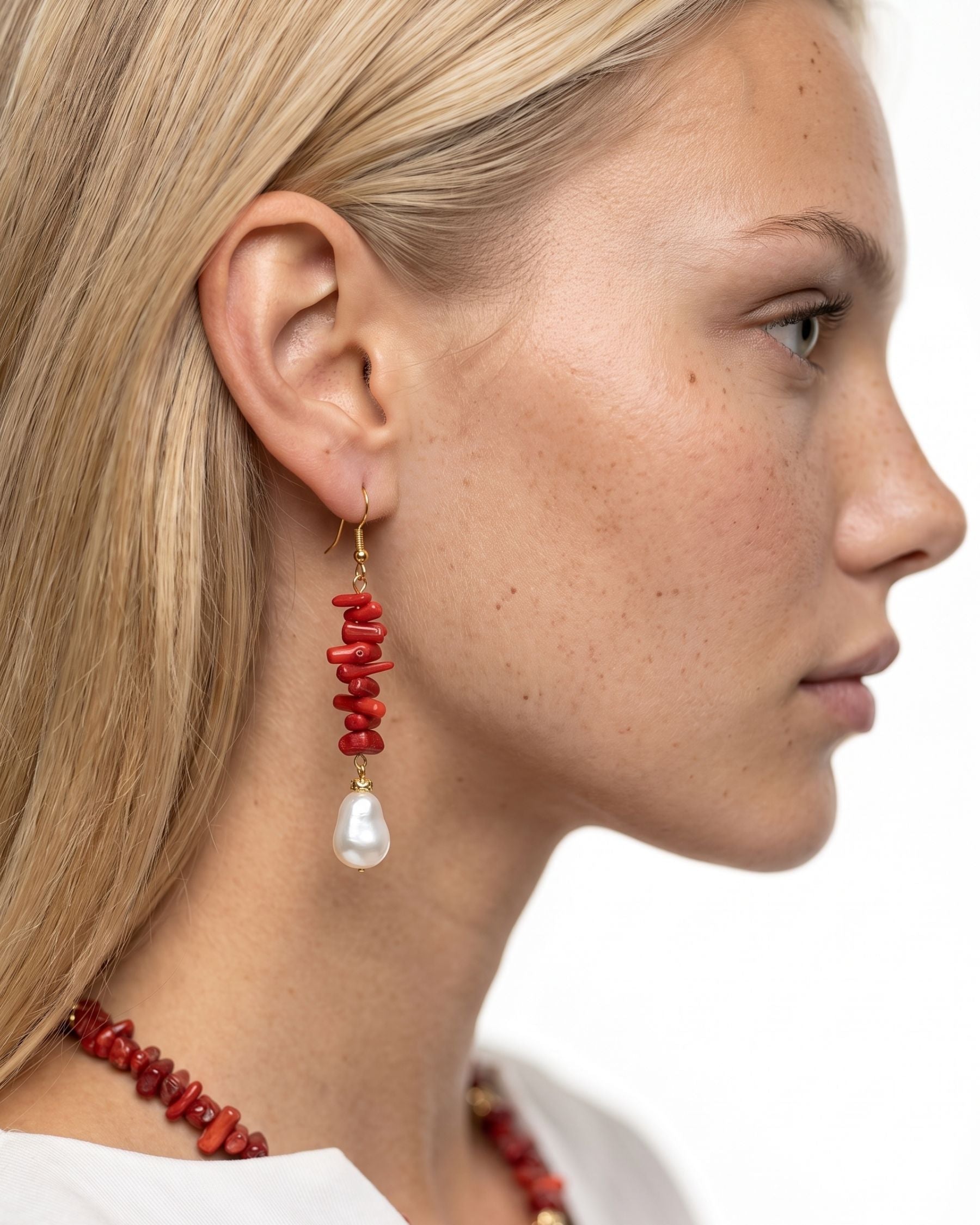 Capri Red Natural Stone Pearl Earrings