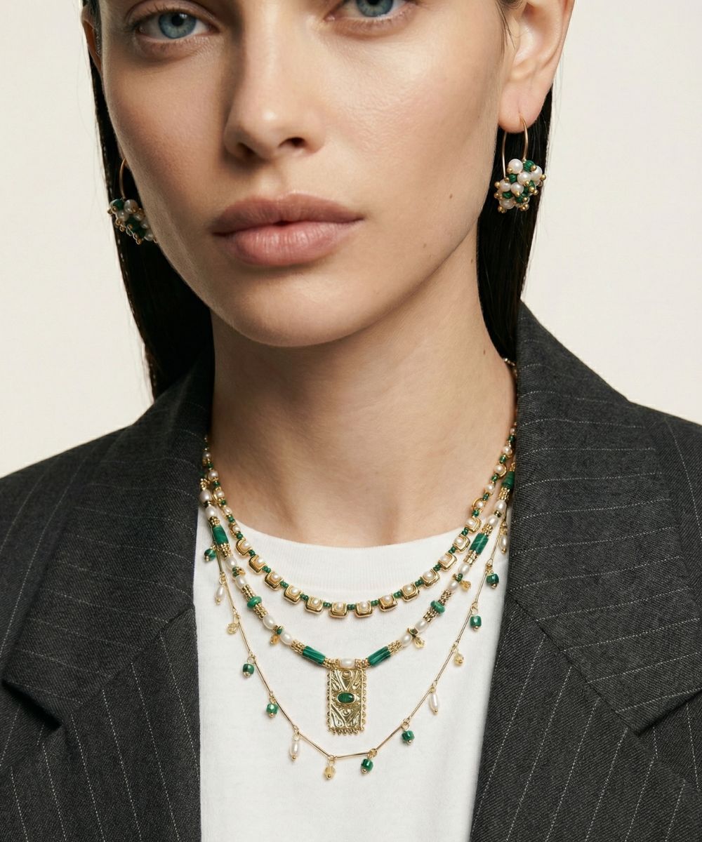 Golden Wave Malachite Pearl Necklace