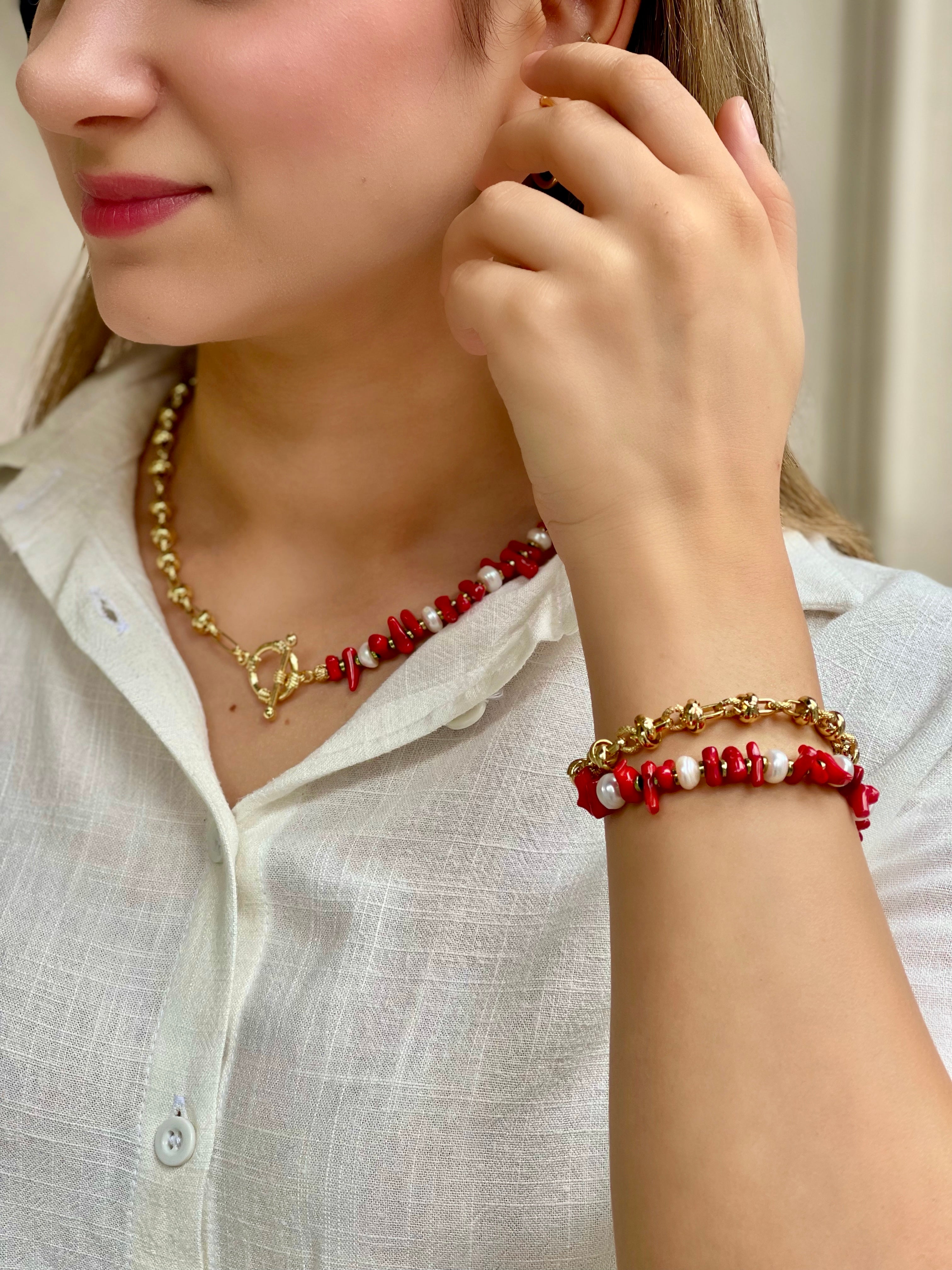 Berrin özkan-Sunset Coral Red Natural Stone Pearl Necklace-Necklaces-3-Milagron.com