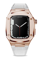 Apple Watch Uyumlu Belize Rose Gold Kasa Koruyucu Deri Kordon Beyaz