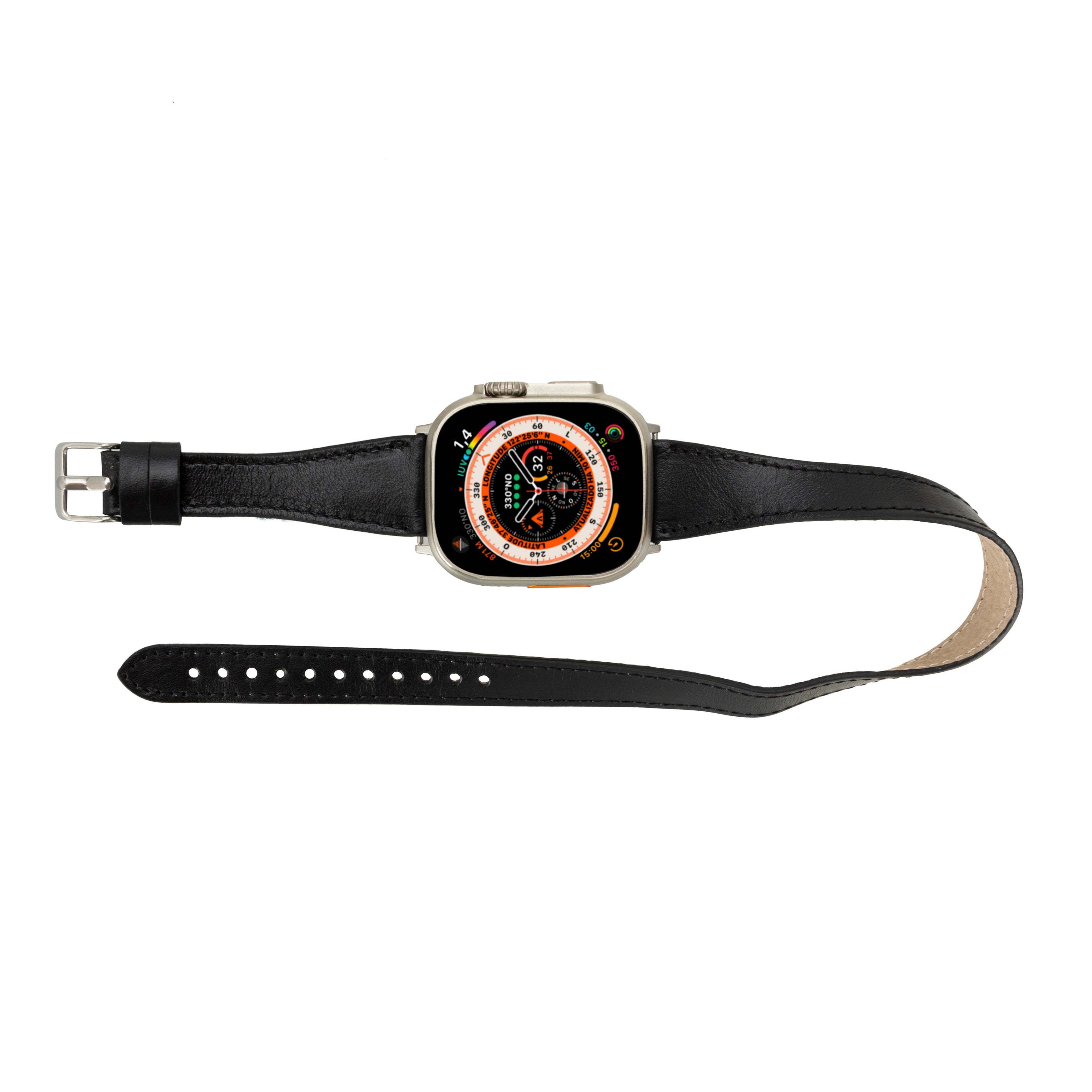 Alpine Slim Double Tour Noir Black Hakiki Deri Apple Watch Kordonu - 44/45/46/49Mm
