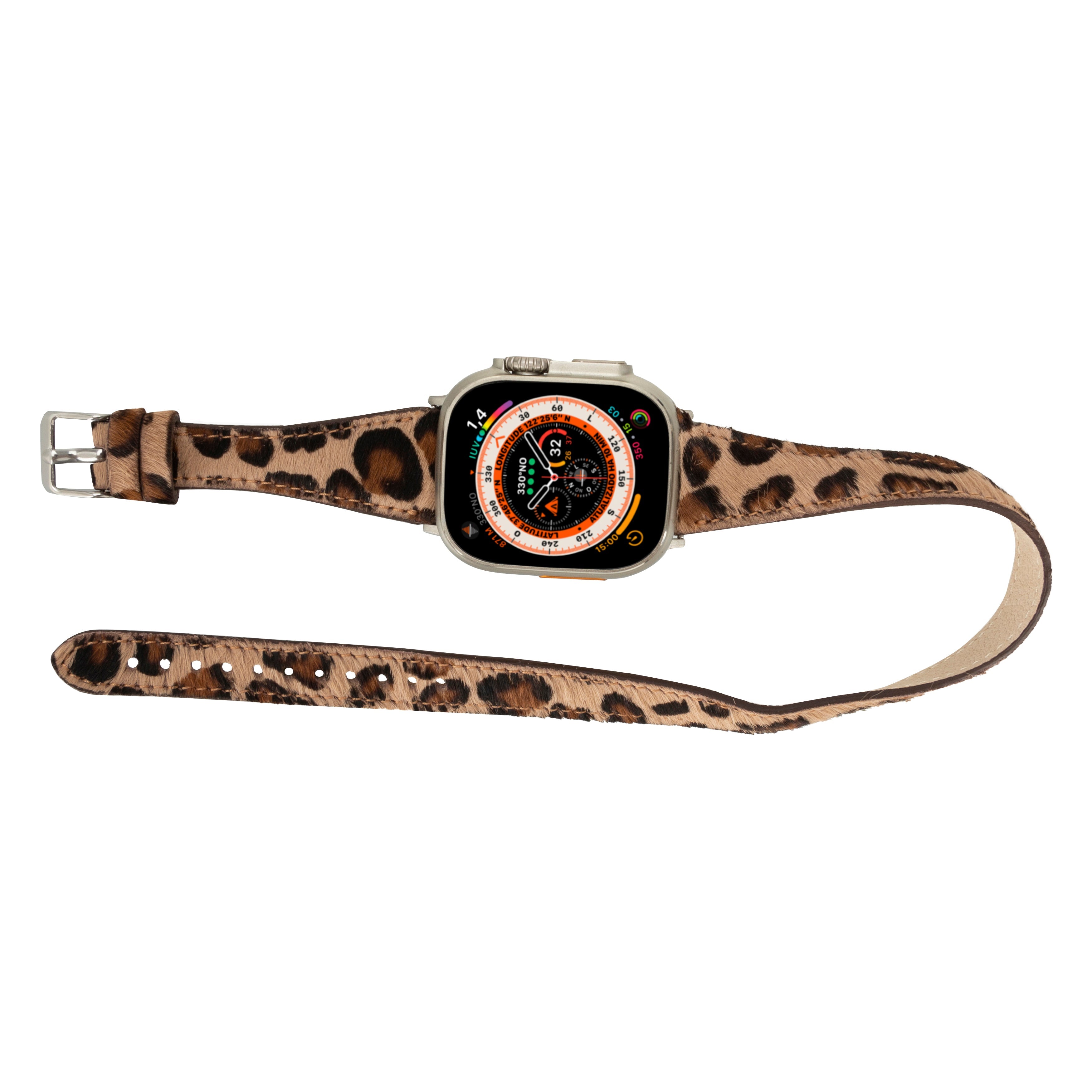 Alpine Slim Double Tour Wild Leopard Hakiki Deri Apple Watch Kordonu - 44/45/46/49Mm