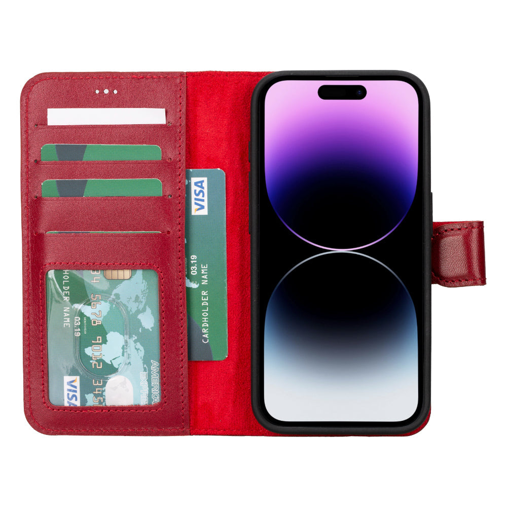 Aurel Magna Crimson Rouge Deri Iphone 16 Pro (6.3") Wallet Case – Rfid Korumalı & Magsafe Uyumlu