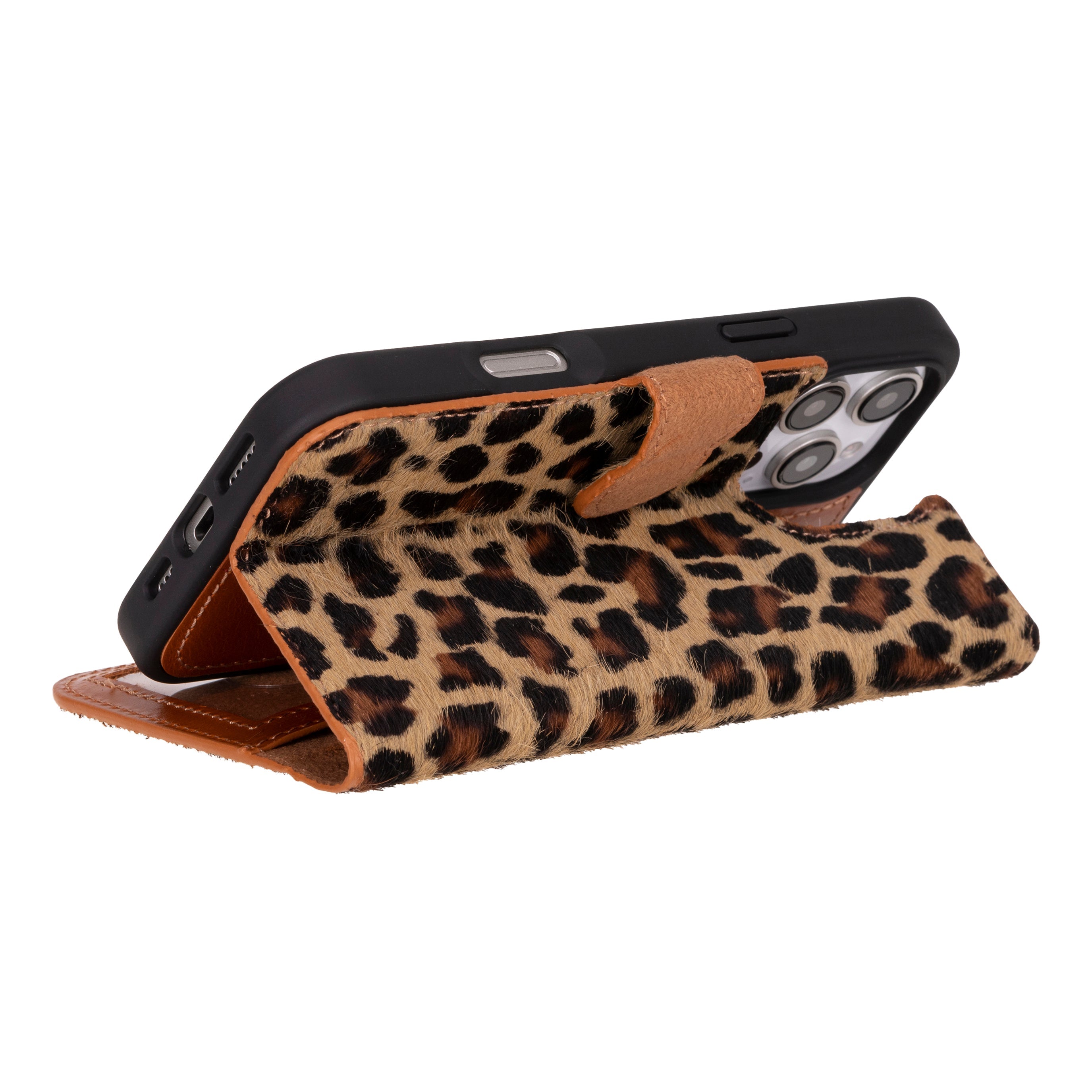 Aurel Magna Leopard Couture Deri Iphone 16 Pro (6.3") Wallet Case – Rfid Korumalı & Magsafe Uyumlu