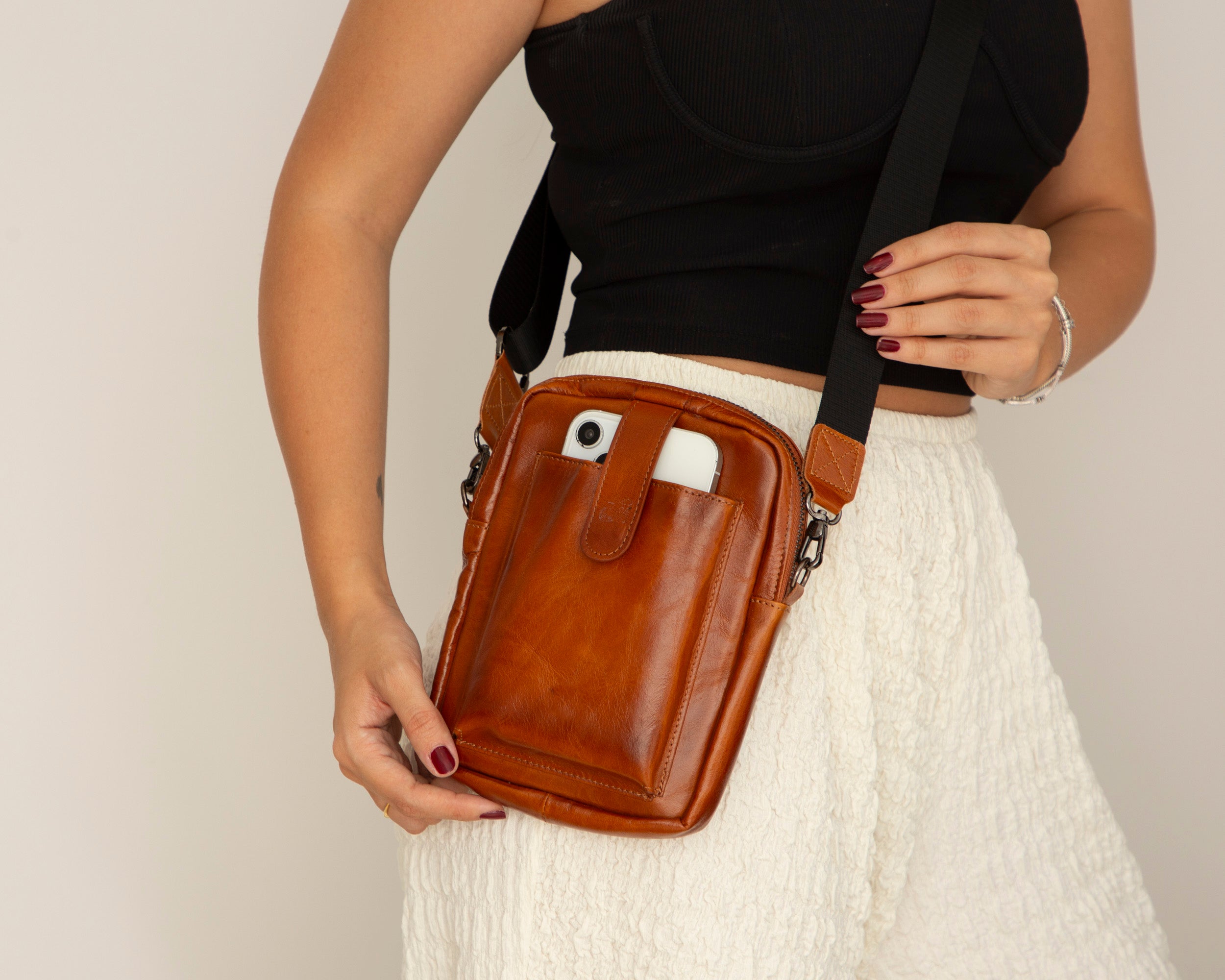 Bloominbag-Bloom Bag Cognac Brown Hakiki Deri Crossbody çanta-2-Milagron.com