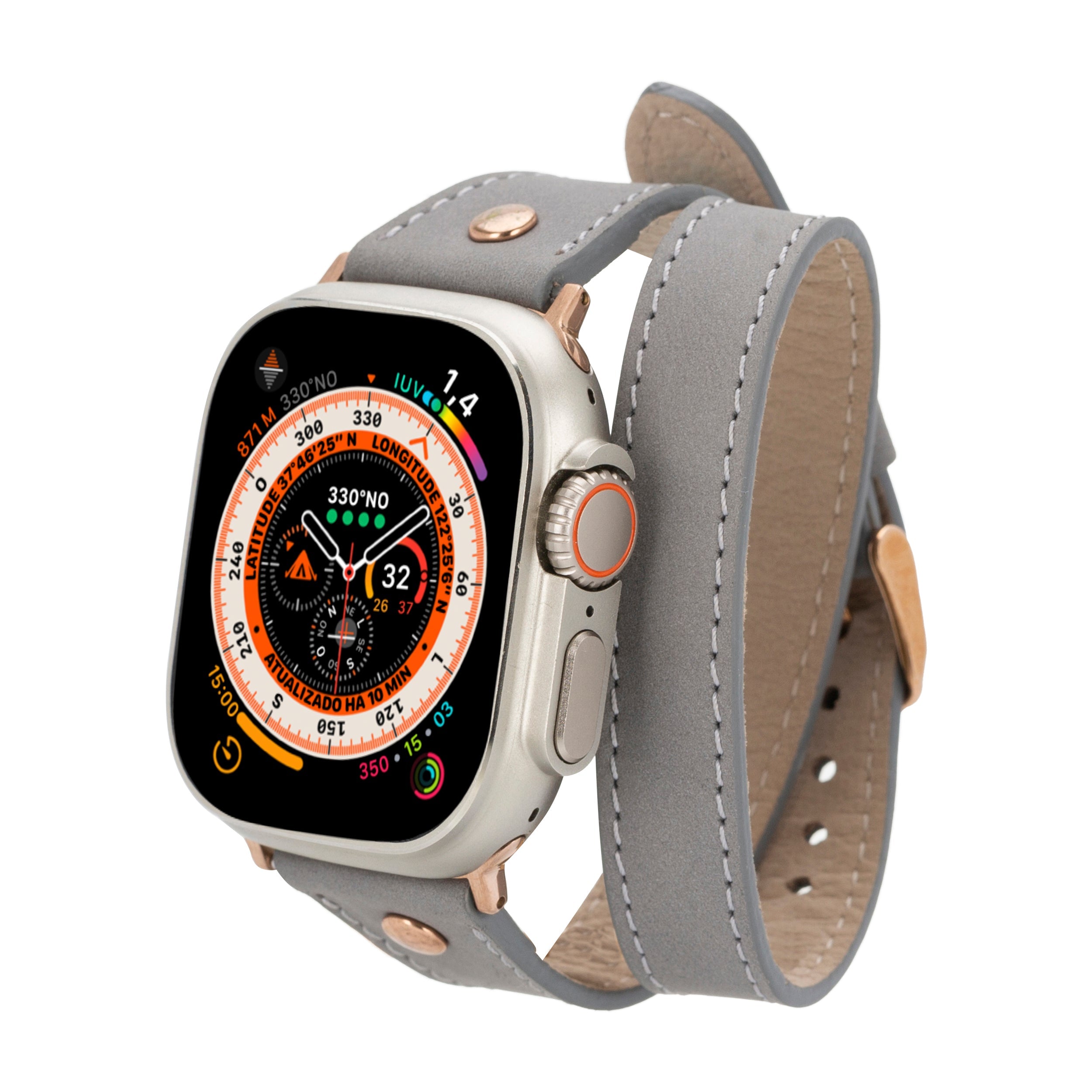 Bloomband Gold Tokalı Double Tour Gray Deri Apple Watch Kayışı - 44/45/46/49Mm