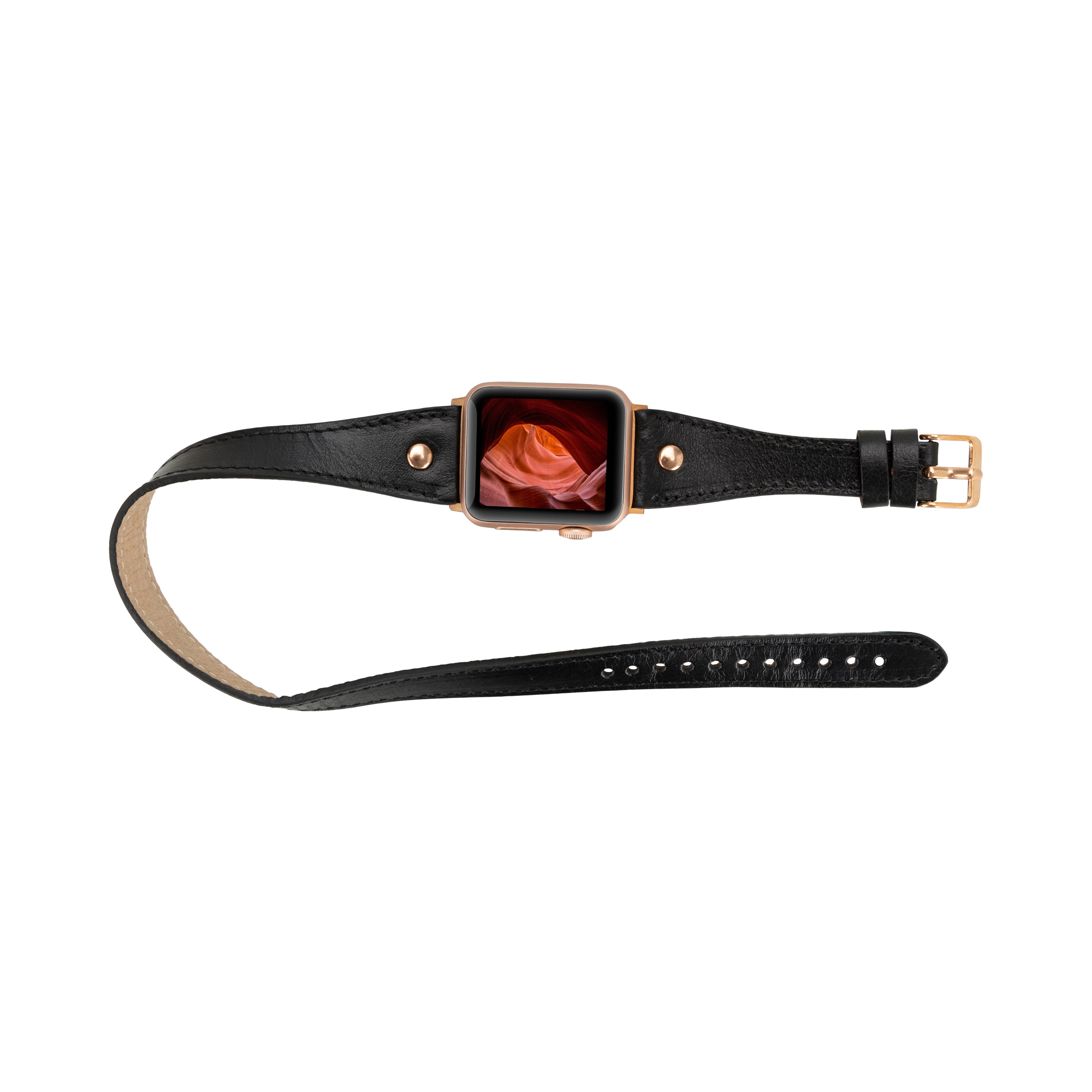Bloomband Gold Tokalı Double Tour Onyx Black Deri Apple Watch Kayışı - 44/45/46/49Mm