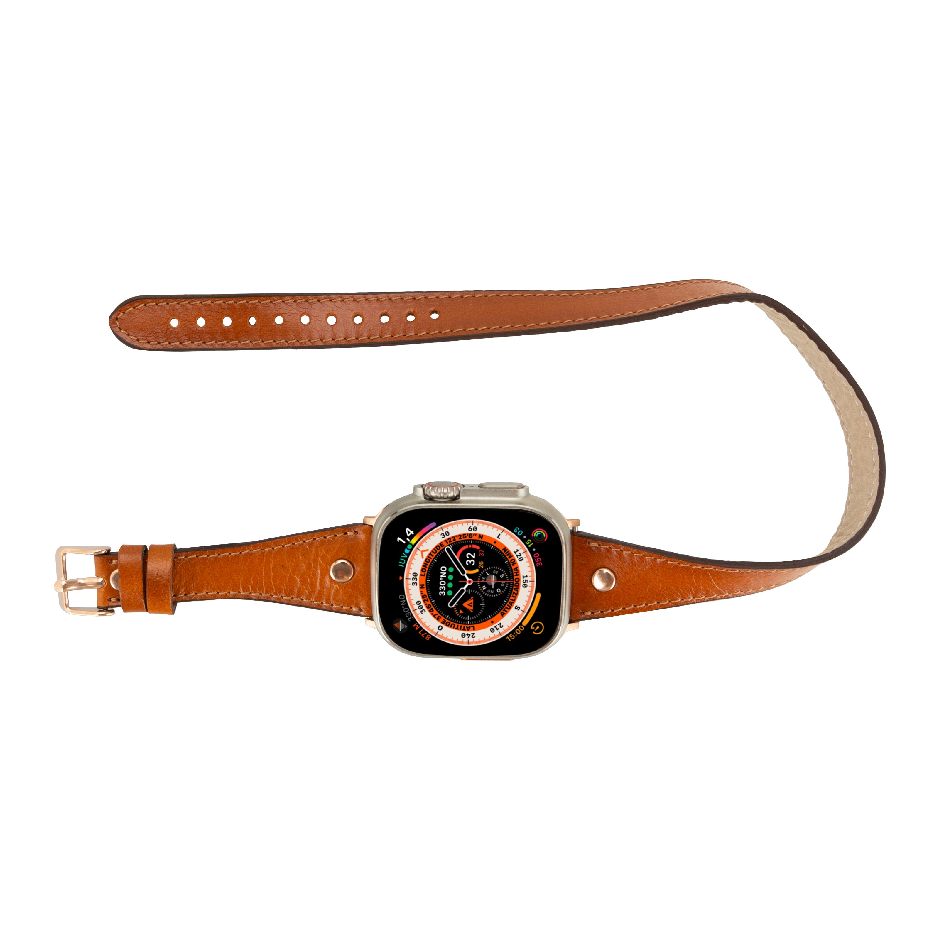 Bloomband Gold Tokalı Double Tour Tan Deri Apple Watch Kayışı - 44/45/46/49Mm