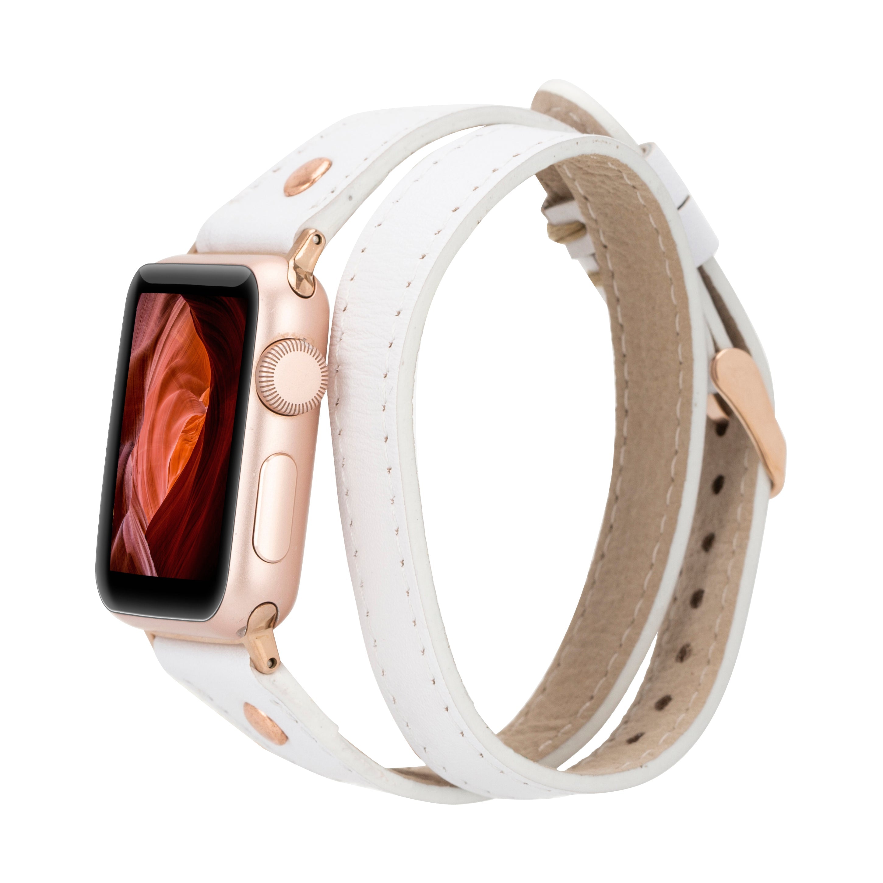 Bloomband Gold Tokalı Double Tour White Deri Apple Watch Kayışı - 44/45/46/49Mm
