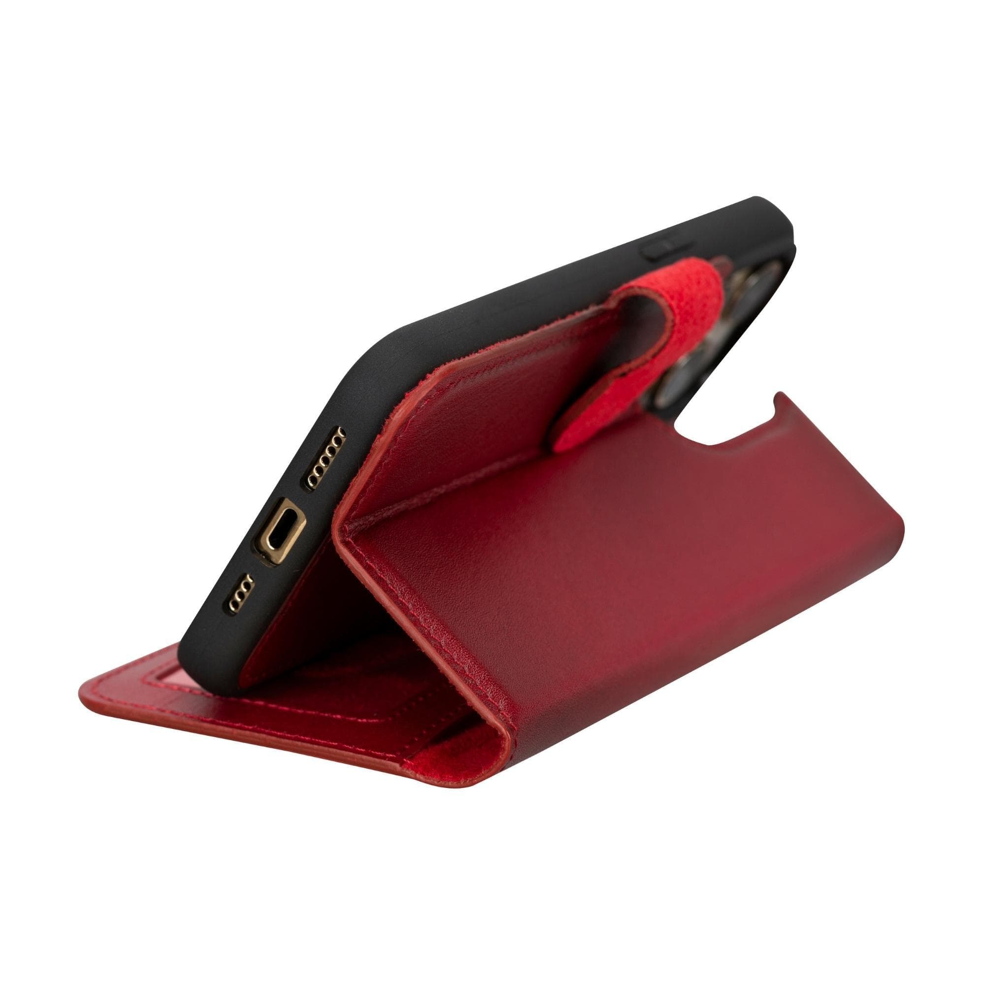 Bloomcase Apple Iphone 15 Pro Max (6.7") Cherry Red Hakiki Deri Çıkarılabilir Cüzdanlı Telefon Kılıfı