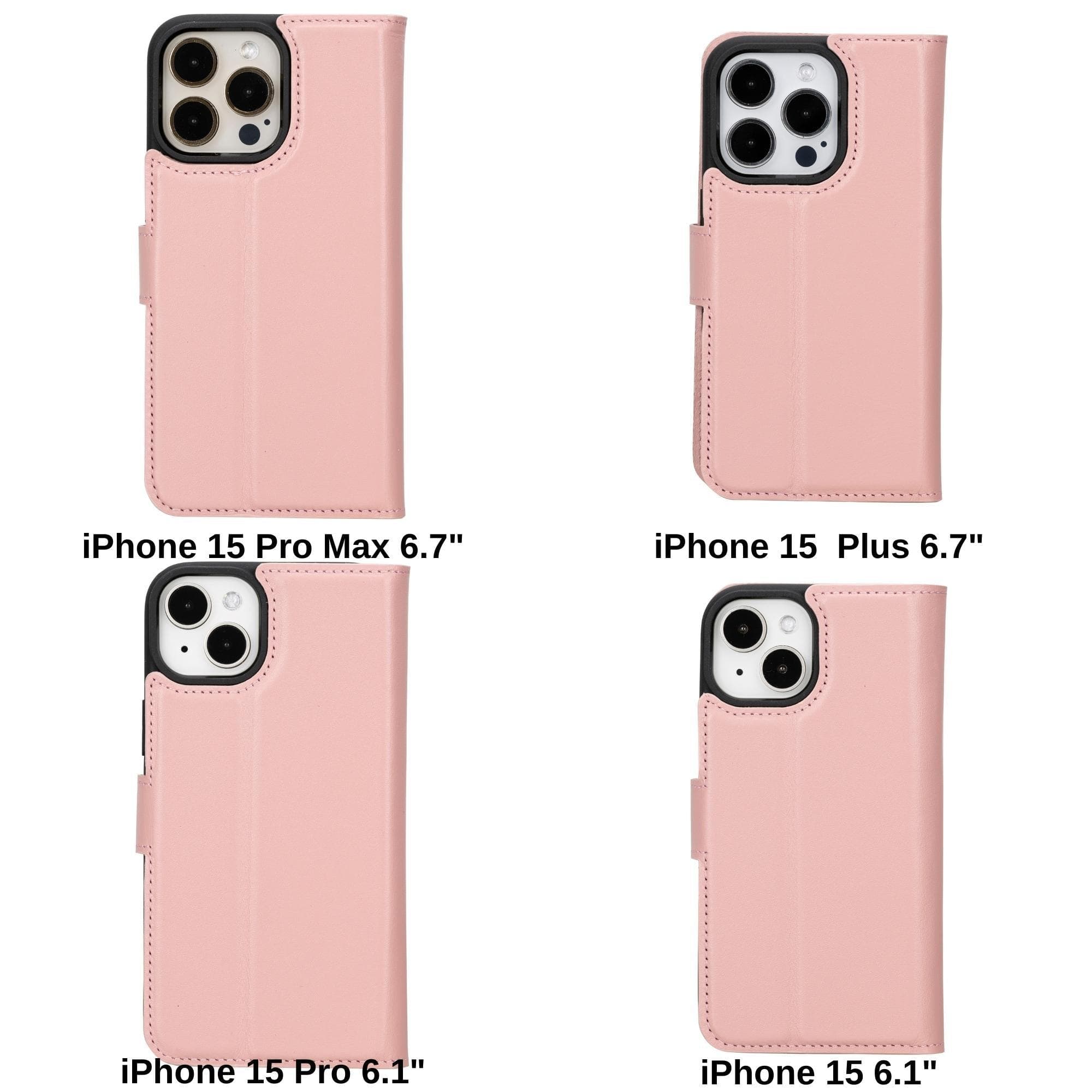 Bloomcase Apple Iphone 15 Pro Max (6.7") Peony Pink Hakiki Deri Çıkarılabilir Cüzdanlı Telefon Kılıfı
