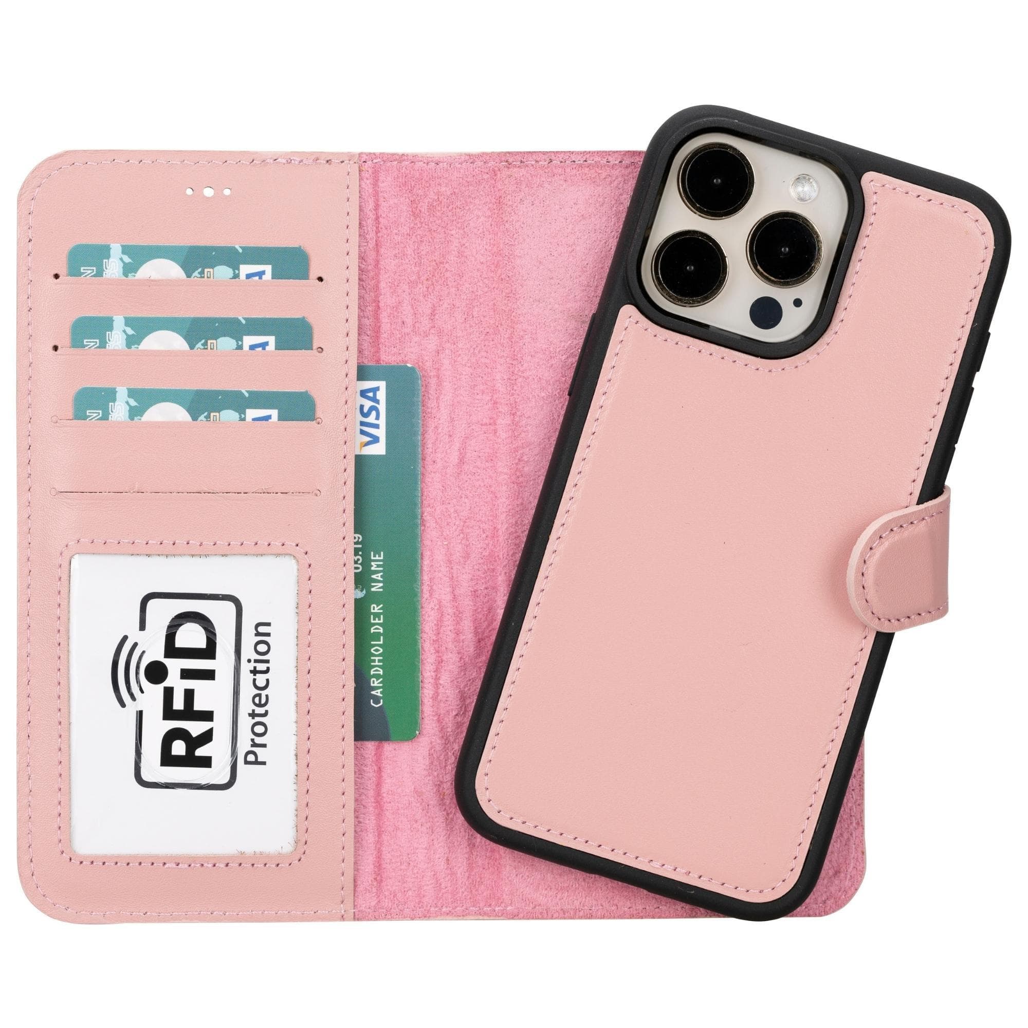 Bloomcase Apple Iphone 15 Pro Max (6.7") Peony Pink Hakiki Deri Çıkarılabilir Cüzdanlı Telefon Kılıfı
