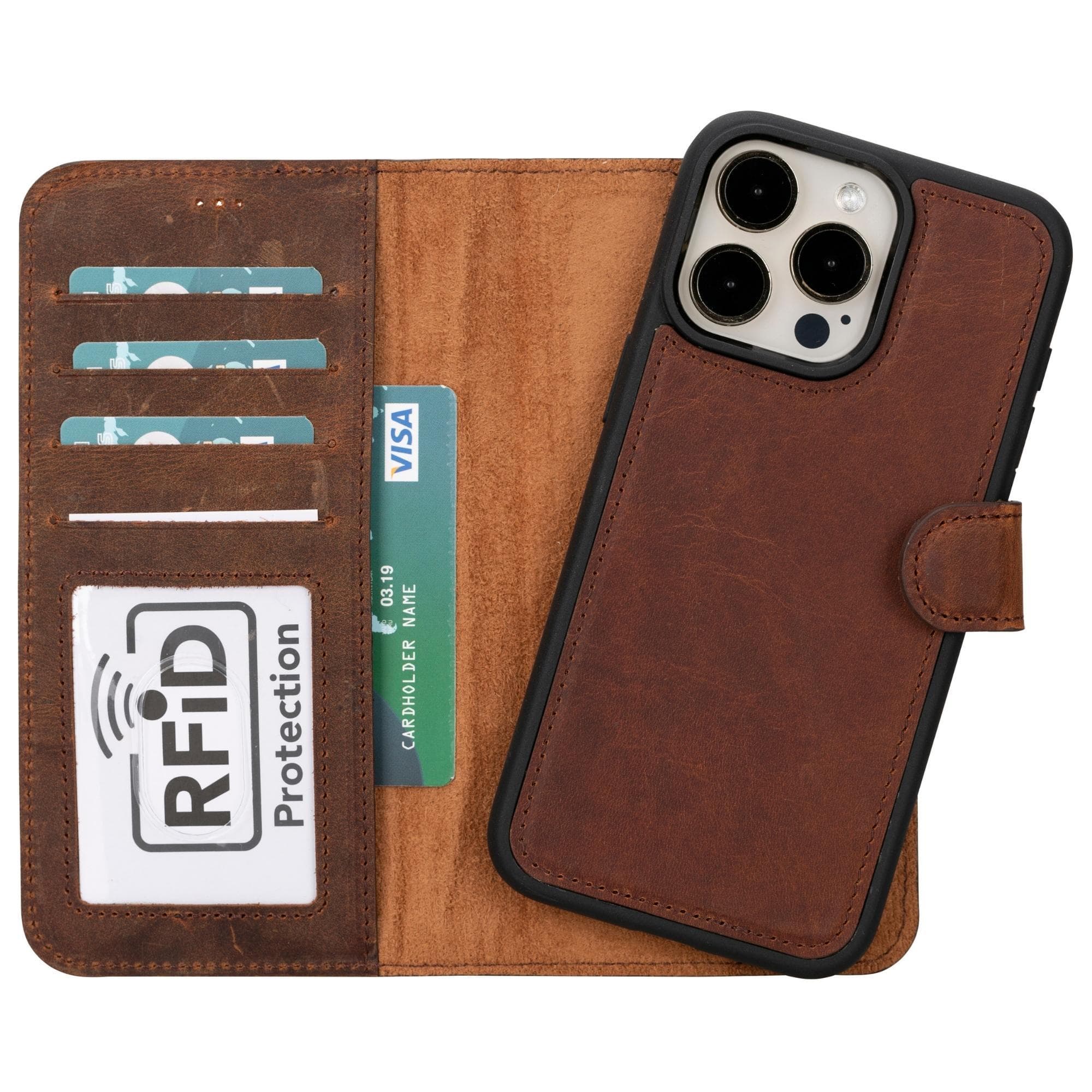 Bloomcase Apple Iphone 15 Pro Max (6.7") Vintage Saddle Hakiki Deri Çıkarılabilir Cüzdanlı Telefon Kılıfı