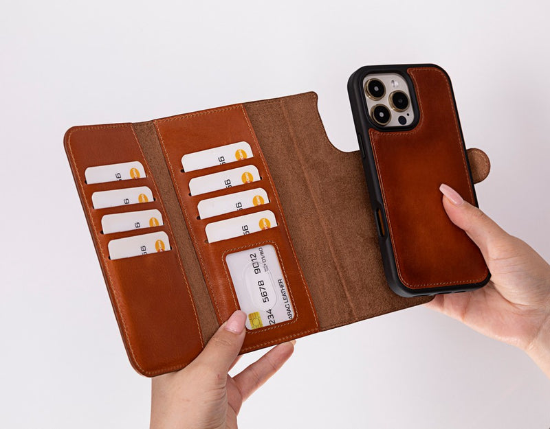 Bloomcase Apple Iphone 16 Pro (6.3") Desert Sand Hakiki Deri Çıkarılabilir Cüzdanlı Telefon Kılıfı