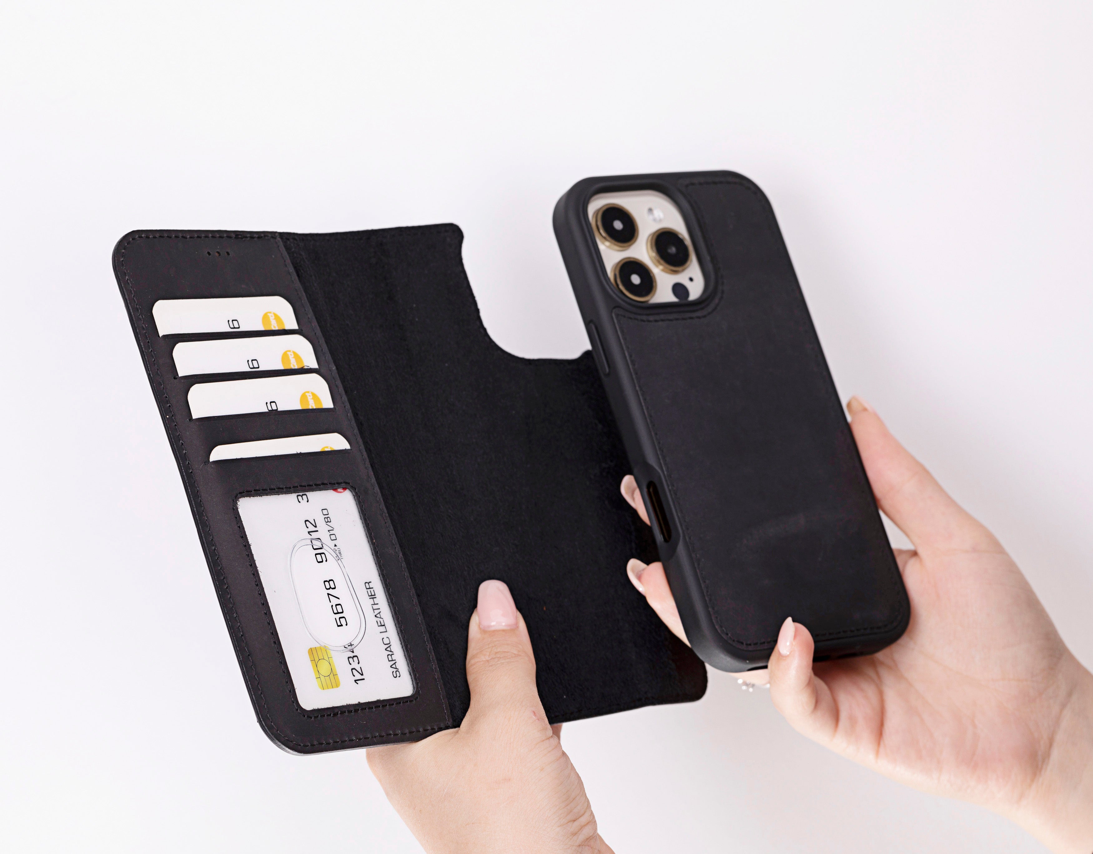 Bloomcase Apple Iphone 16 Pro (6.3") Onyx Black Hakiki Deri Çıkarılabilir Cüzdanlı Telefon Kılıfı
