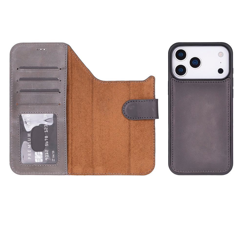 Bloomcase Magic Iphone 17 Pro Max(6.9") Ash Mist Ayrılabilir Hakiki Deri Cüzdanlı Telefon Kılıfı