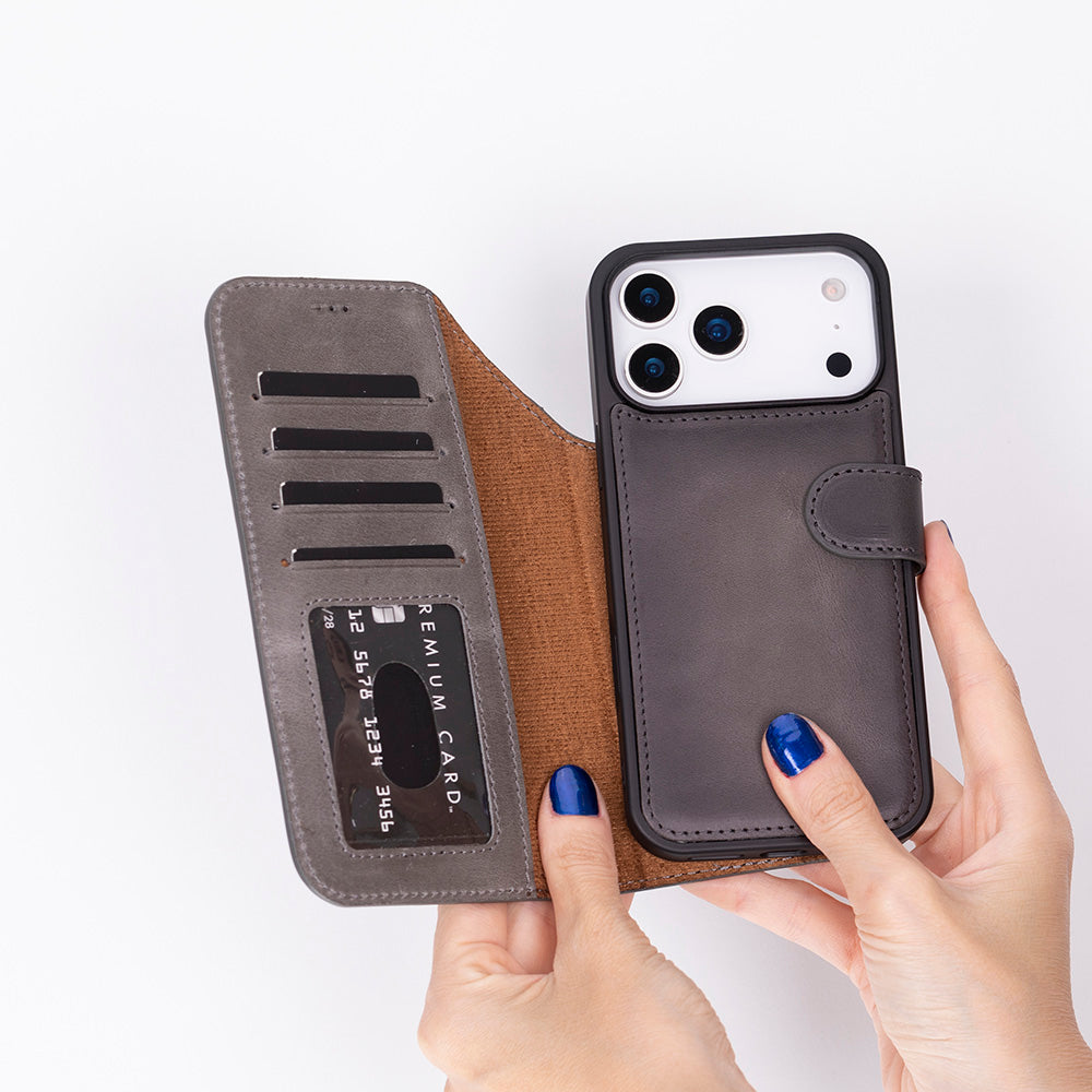 Bloomcase Magic Iphone 17 Pro Max(6.9") Ash Mist Ayrılabilir Hakiki Deri Cüzdanlı Telefon Kılıfı