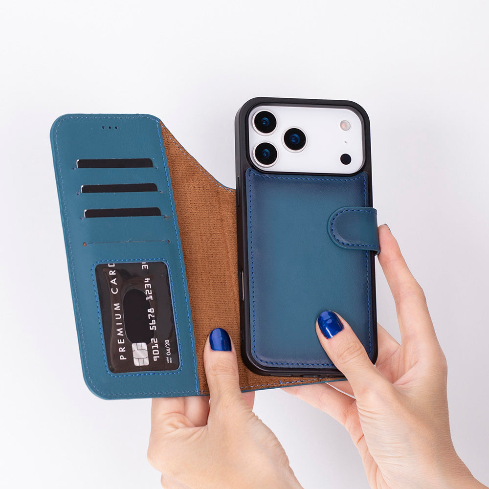 Bloomcase Magic Iphone 17 Pro Max(6.9") Midnight Marine Ayrılabilir Hakiki Deri Cüzdanlı Telefon Kılıfı