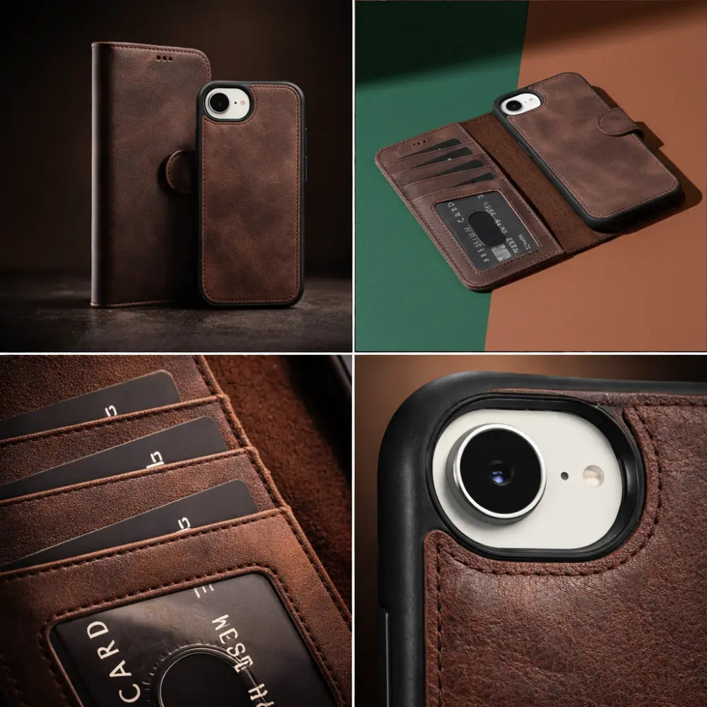 Bloomcase Magic Wallet Dark Brown Apple Iphone 17E / 16E (6.1") Hakiki Deri Çıkarılabilir Cüzdanlı Telefon Kılıfı