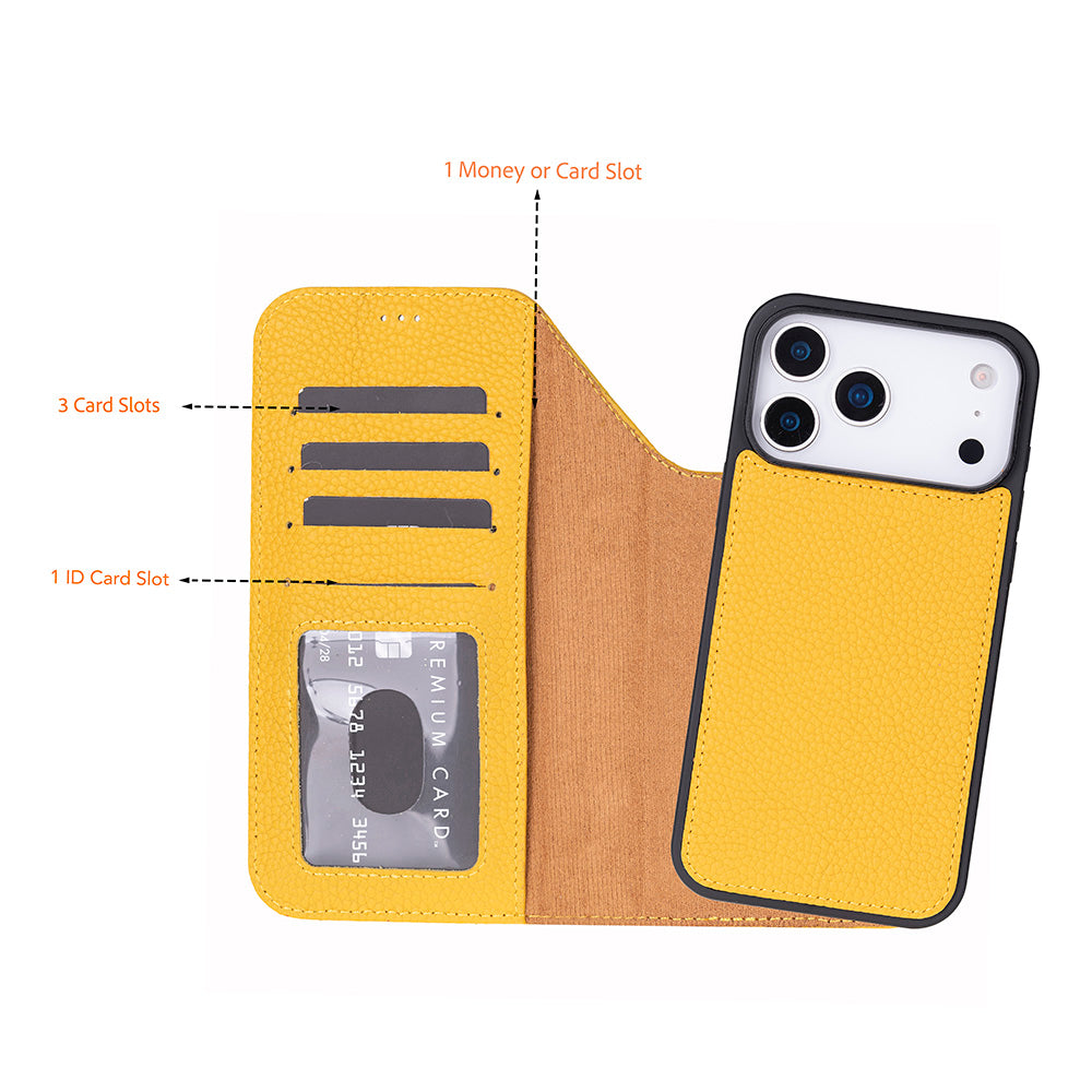 Bloomcase Magic Wallet Honey Apple Iphone 17 Pro Max (6.9") Hakiki Deri Çıkarılabilir Cüzdanlı Telefon Kılıfı