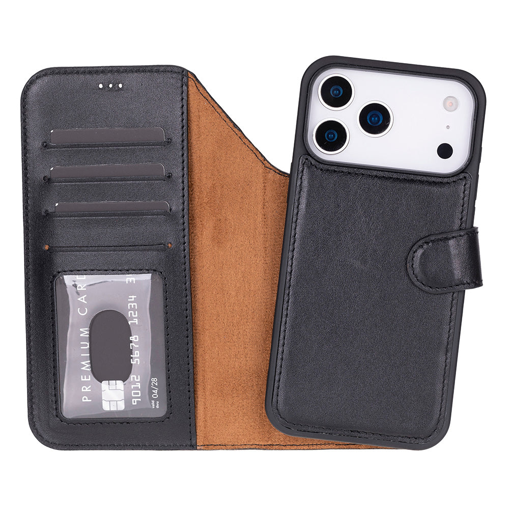 Bloomcase Magic Wallet Obsidian Black Apple Iphone 17 Pro (6.3") Hakiki Deri Çıkarılabilir Cüzdanlı Telefon Kılıfı