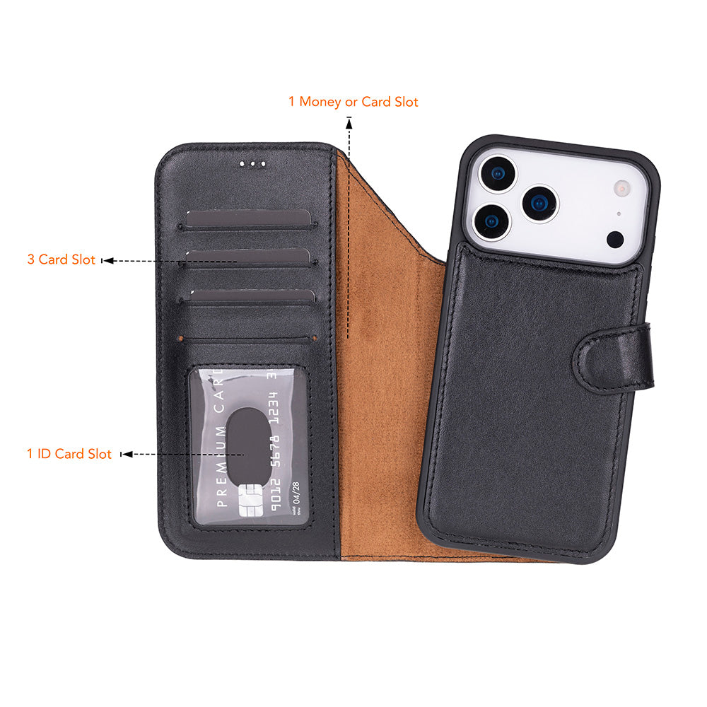 Bloomcase Magic Wallet Obsidian Black Apple Iphone 17 Pro (6.3") Hakiki Deri Çıkarılabilir Cüzdanlı Telefon Kılıfı