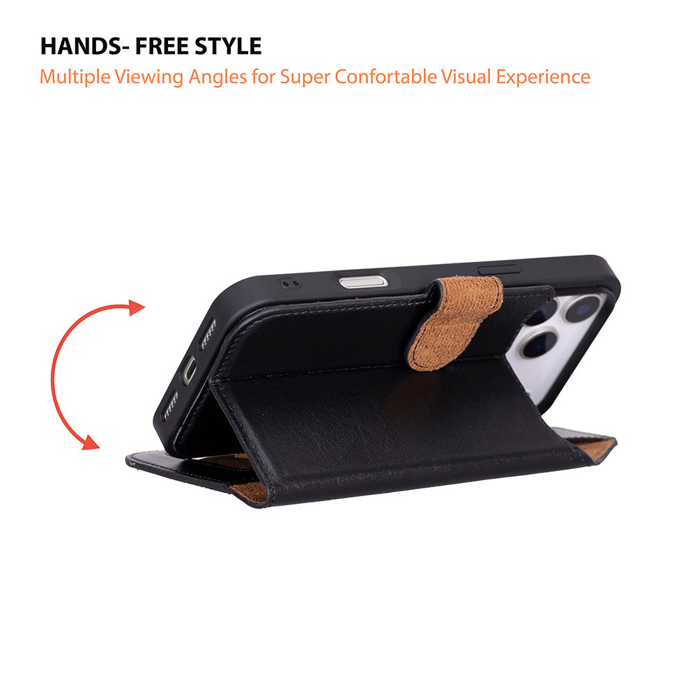 Bloomcase Magic Wallet Obsidian Black Apple Iphone 17 Pro (6.3") Hakiki Deri Çıkarılabilir Cüzdanlı Telefon Kılıfı